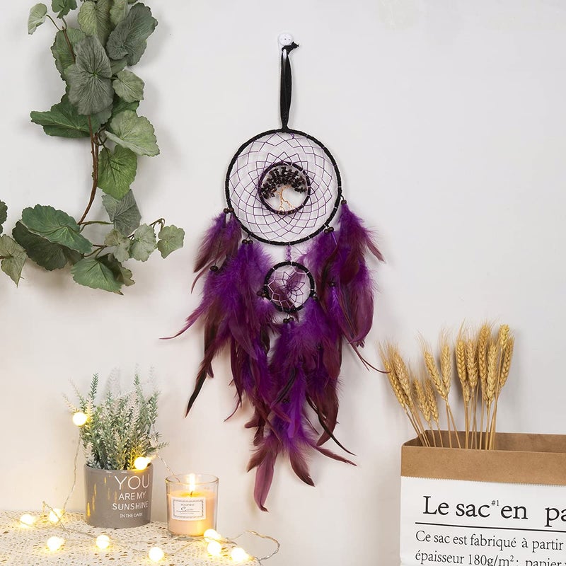 Dreamocean Dream Catcher  Handmade Dreamcatcher with Healing Crystal Stone  Tree of Life Dream Catchers Hanging Ornament for Home Bedroom Birthday Party  Perfect Craft Gift for Kids (Purple) - Image 2